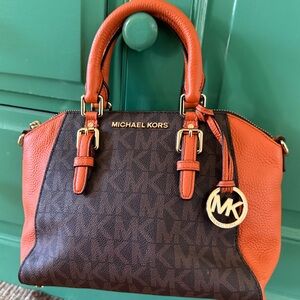 Michael Kors Brown and Orange Satchel with Gold Accents
